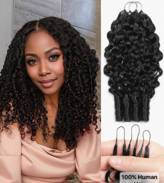 Boho Braids Human Crochet Hair Burmese Curly 18 Inch 125g Feather Crochet Human Hair For Women Pre-Separated Invisible Wet And Way Crochet Hair Extensions Natural Black