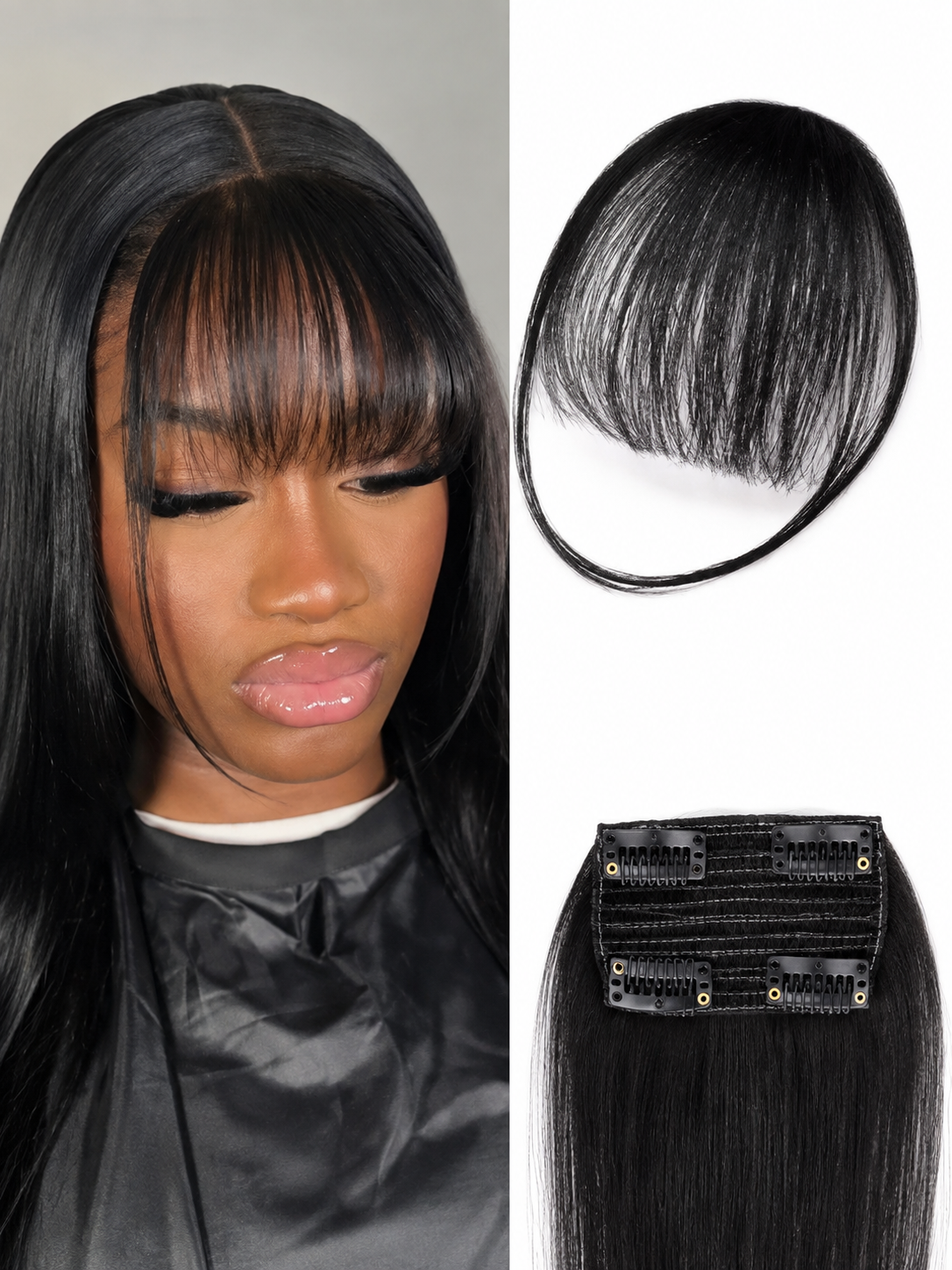 Human Hair Air Bangs With Sideburns 1B Bangs Clip In Hair Extension Beginner Friendly Wear Real Easy To Wear Natural Black Color