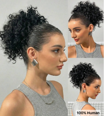 QUICK WEAR Ponytail Human Hair 1pc Water Wave Drawstring Ponytail Extension Natural Black Elegant Corn Wave Style Girl's Ponytail Human Hair Extension For All People Daily Use