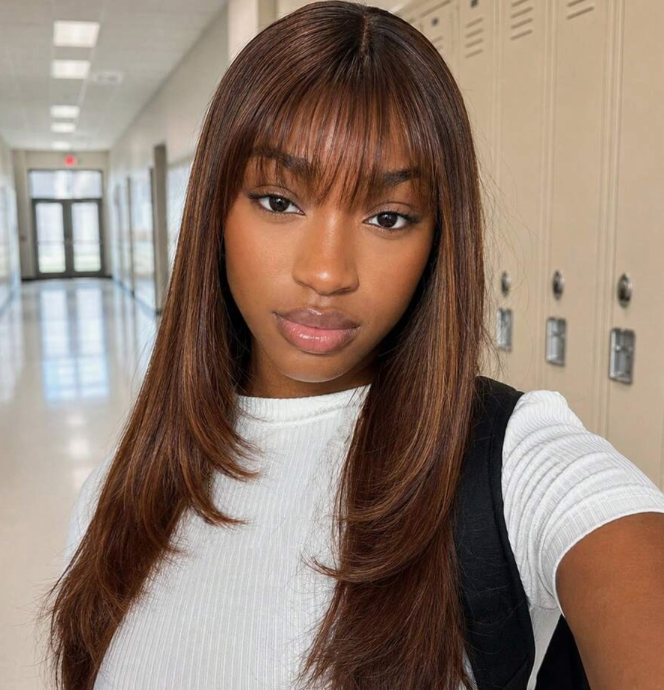 ALL READY WIG Layered Cut Silky Straight Lace Wig With Wispy Air Bangs 100% Real Remy Human Hair 4X4 Pre-Cut Lace Wear&Go Glueless Wig With Lace Framing Layers & French Fringe, 180% Density, Three-Go Beginner Friendly Glueless Human Hair Wigs For Women