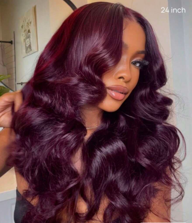 Drawstring Cap Purple Black Cherry Colored Loose Wave Wig With Face Framing Layers 13x4 Pre Everything Lace Frontal Pre Cut Pre Bleached Wig Human Hair Ready To Wear Halloween Costumes Halloween