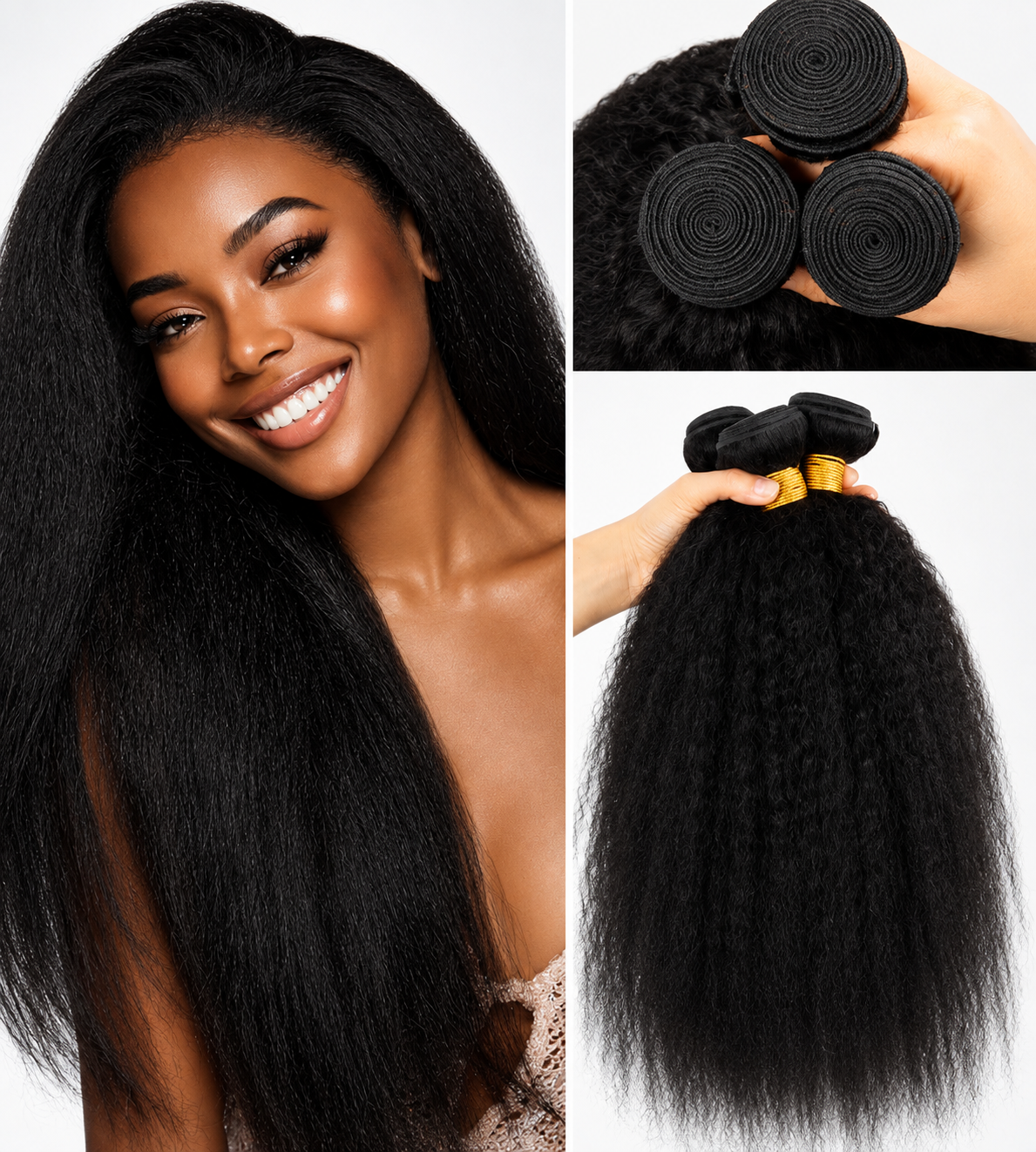 Kinky Straight Hair 3 Bundles Yaki Human Hair Weave Unprocessed Brazilian Virgin Remy Sew In Hair Extensions Natural Black